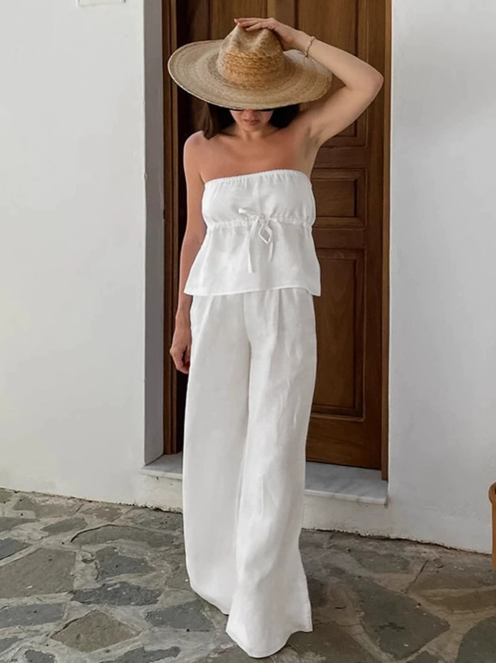 Forever 21 White Tube Top Wide Leg Pants Set Summer Vacation Loose